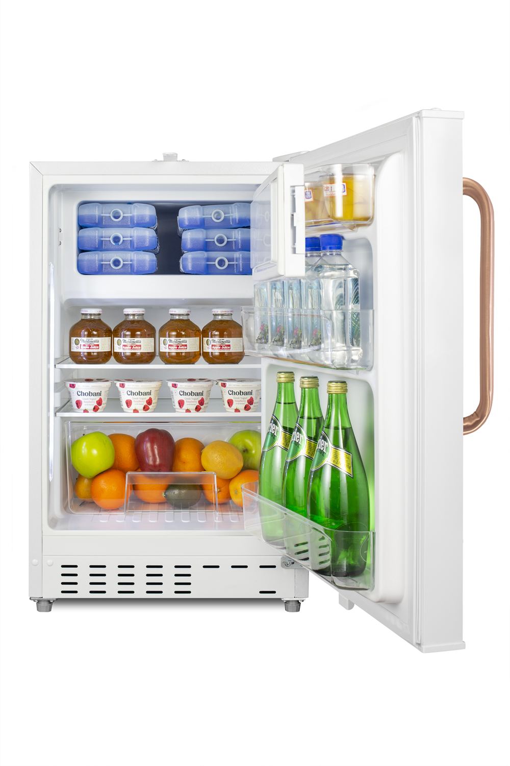Built-in undercounter, ADA compliant refrigerator-freezer in white, designed for general purpose storage, with pure copper towel bar handle, manual defrost with glass shelves, front lock, and door storage
